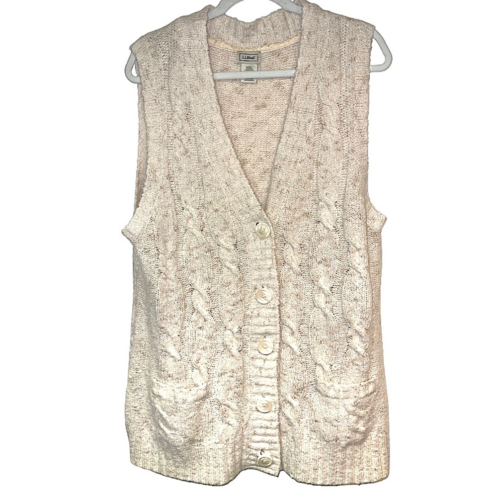 L.L. Bean Wool‎ Blend V-neck Sleeveless Button Sweater Vest Cream Oatmeal